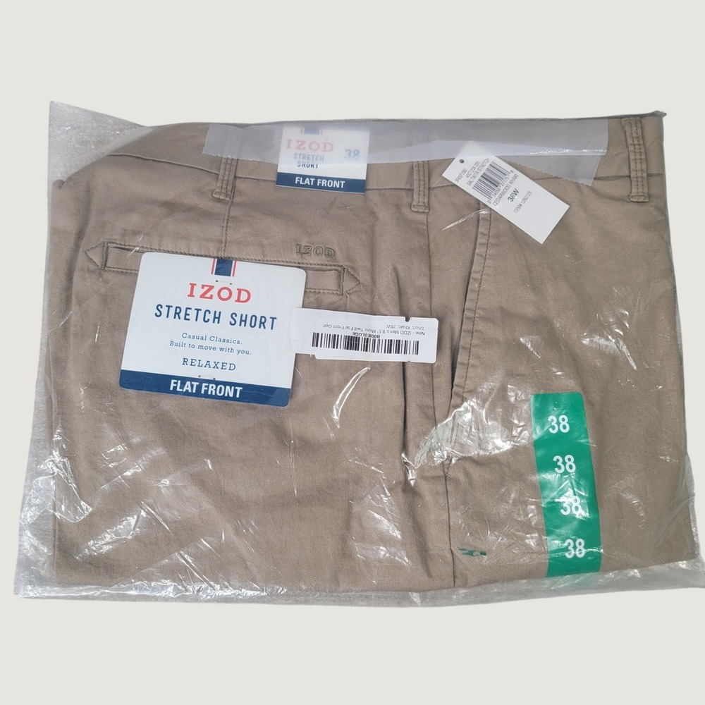 IZOD Saltwater Stretch Flat Front Shorts Cedarwood Khaki 38W Relaxed Fit NEW